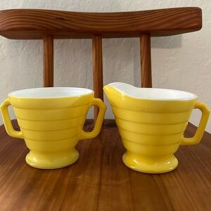 Vintage Hazel Atlas Yellow Creamer & Sugar Set Coffee Tea Retro Milk Glass